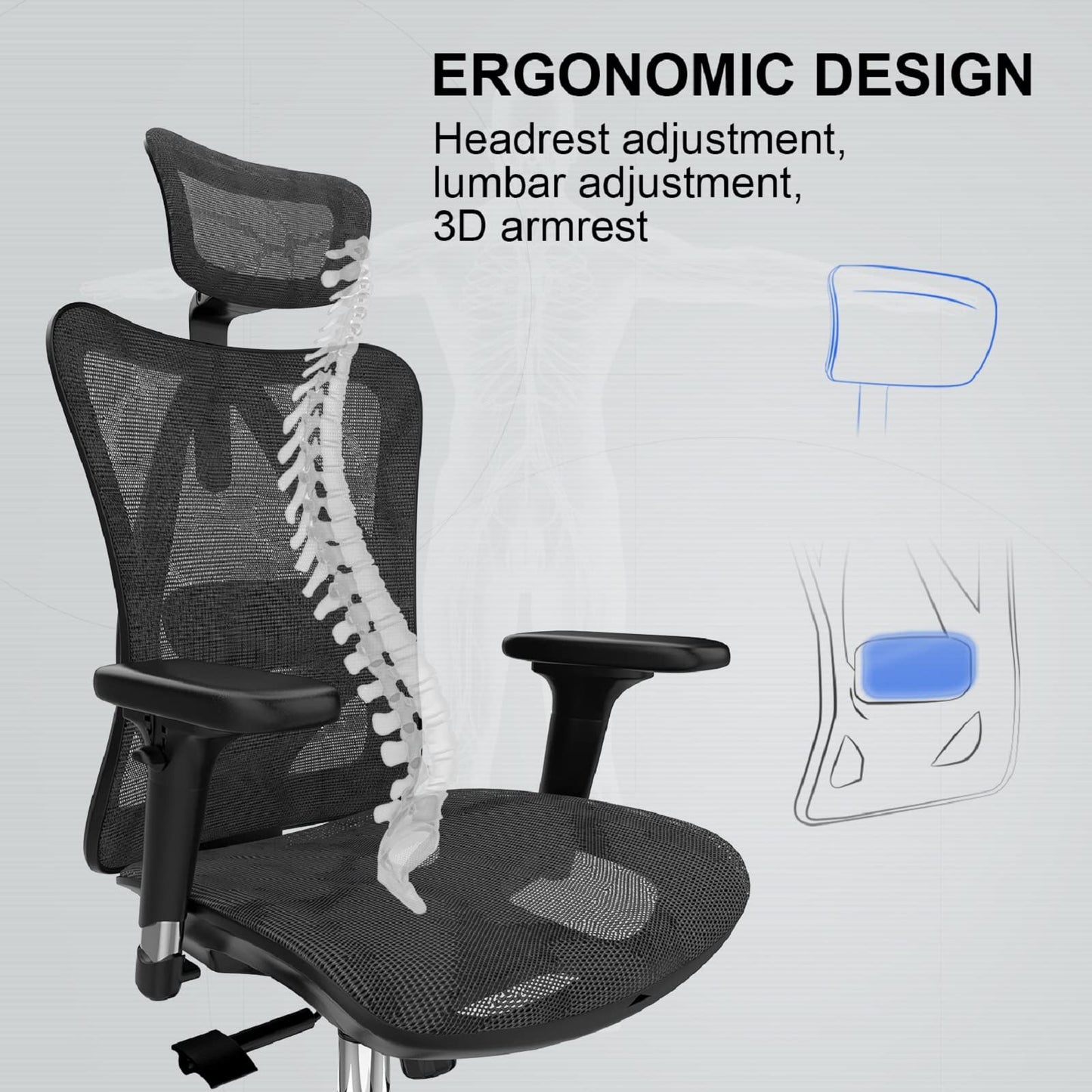 Ergonomic Mesh Office Chair with Adjustable Lumbar Support, 3D Armrests & High Back – Black